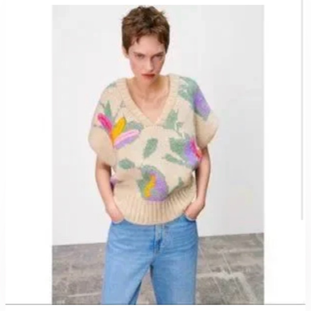 Zara NWT V-Neck Floral Patch Cream Knit Sweater. Size S.